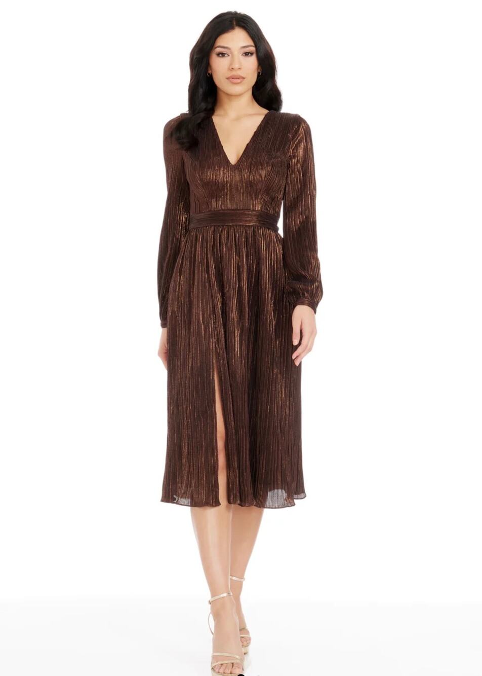 Dress The Population Holly Mocha Metallic Plissé Dress Women’s XXL Long Sleeve